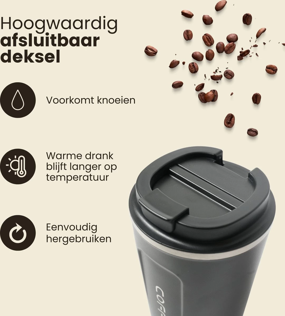 LaCardia Koffiebeker To Go Premium Zwart – Thermosbeker – Theebeker – 380ML – Herbruikbaar 2 LaCardia Koffiebeker To Go Premium Zwart – Thermosbeker – Theebeker – 380ML – Herbruikbaar - Afbeelding 2