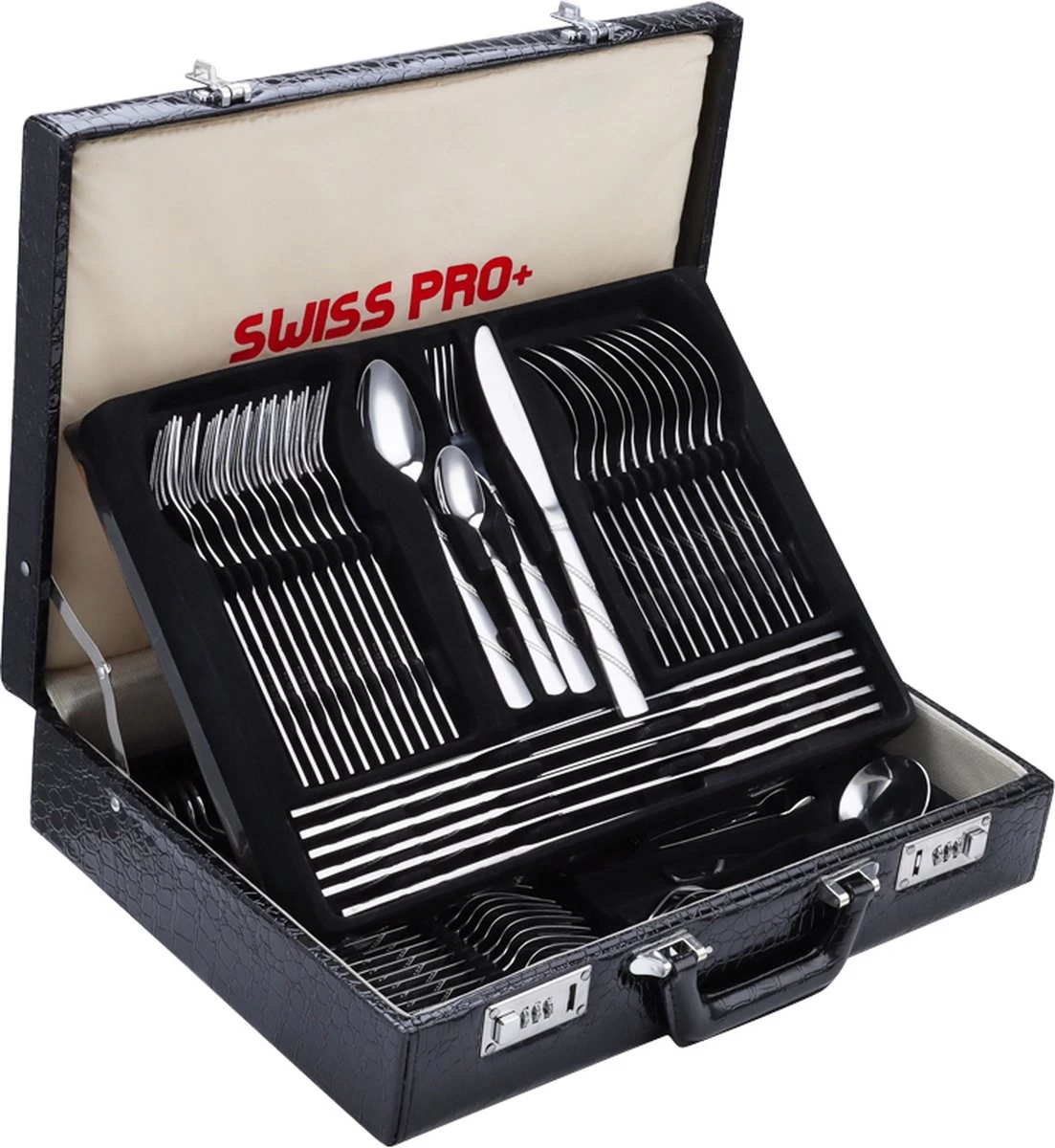 Swiss Pro+ Bestekset In Koffer-72 Delig-12 Persoons-Zwitsers Kwaliteit-Complete Set-100% Roestvrijstaal-Modern 1 Swiss Pro+ Bestekset In Koffer-72 Delig-12 Persoons-Zwitsers Kwaliteit-Complete Set-100% Roestvrijstaal-Modern