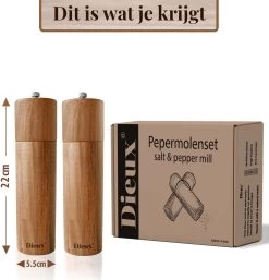 Dieux® - Peper En Zoutmolen Set - Cilinder Vorm - 22CM - Zout Peper Kruiden - 2 Stuks - Acacia Hout - Instelbare Maalgraad - Duurzaam - Luxe Kwaliteit - Hervulbaar - Pepermolen - Zoutmolen - BBQ Accesoires - Pasen -Keukenbenodigdheden Winkel 1152x1200