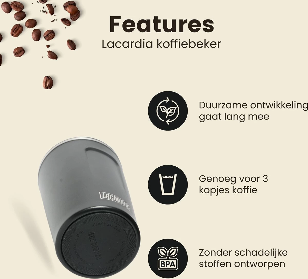 LaCardia Koffiebeker To Go Premium Zwart – Thermosbeker – Theebeker – 380ML – Herbruikbaar 3 LaCardia Koffiebeker To Go Premium Zwart – Thermosbeker – Theebeker – 380ML – Herbruikbaar - Afbeelding 3