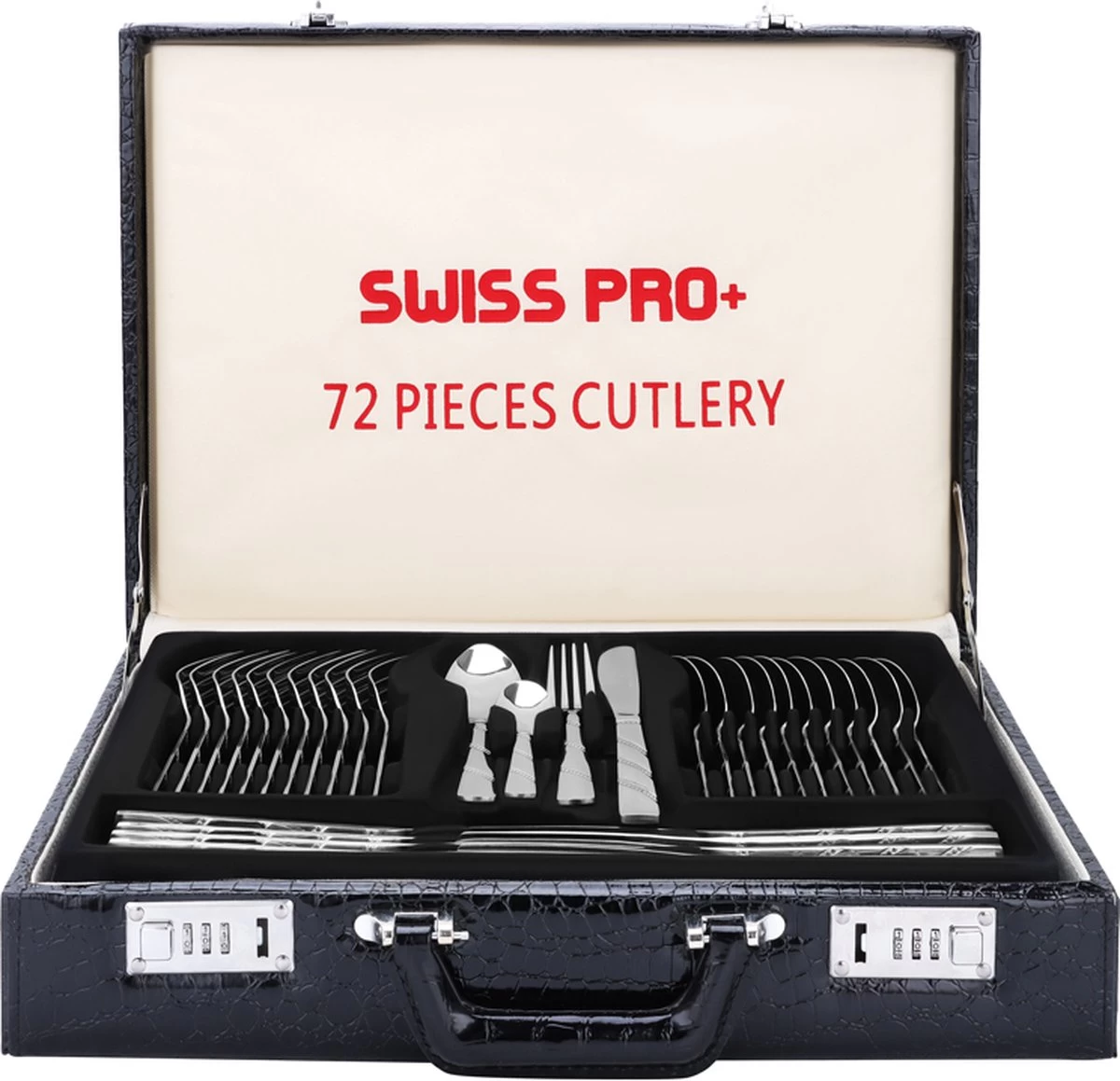 Swiss Pro+ Bestekset In Koffer-72 Delig-12 Persoons-Zwitsers Kwaliteit-Complete Set-100% Roestvrijstaal-Modern 2 Swiss Pro+ Bestekset In Koffer-72 Delig-12 Persoons-Zwitsers Kwaliteit-Complete Set-100% Roestvrijstaal-Modern - Afbeelding 2