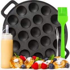 IRONO Poffertjespan Set - Incl. Doseerfles, Kwast En Vork - Poffertjespan Inductie En Electrisch - Poffertjesmaker 19 Poffertjes - Poffertjes Maken - Spuitfles - Cadeau Voor Mannen En Vrouwen