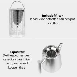 Castagnola Theepot Met Filter – Theekan – Theepot Dubbelwandig – Theepot Roestvrijstaal – Hoogwaardig RVS – 1 Liter – 5 Kopjes Thee – Zilver -Keukenbenodigdheden Winkel 1200x1195 9