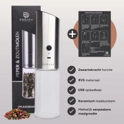 DODANA Premium Peper - & Zoutmolen Elektrisch - 1 Stuk - Pepermolen - Zoutmolen - Oplaadbaar - USB - Elektrische Pepermolen - RVS - Zwaartekracht Functie - LED Lamp - Nl Handleiding - Incl Borsteltje -Keukenbenodigdheden Winkel 1200x1199 11