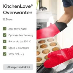 KitchenLove Ovenwanten - 2 Stuks Ovenhandschoenen - Hittebestendig Tot 250 °C - Siliconen - Rood -Keukenbenodigdheden Winkel 1200x1200 1058