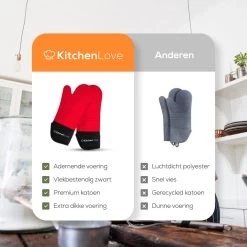 KitchenLove Ovenwanten - 2 Stuks Ovenhandschoenen - Hittebestendig Tot 250 °C - Siliconen - Rood -Keukenbenodigdheden Winkel 1200x1200 1059