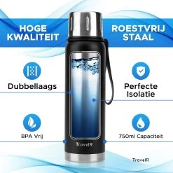TravelR Thermosfles - Thermoskan - Drinkfles - Isoleerfles - BPA Vrij - Roestvrij Staal - 750 ML - Mat Zwart -Keukenbenodigdheden Winkel 1200x1200 606