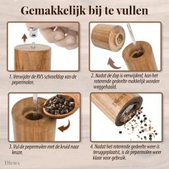 Dieux® - Peper En Zoutmolen Set - Cilinder Vorm - 22CM - Zout Peper Kruiden - 2 Stuks - Acacia Hout - Instelbare Maalgraad - Duurzaam - Luxe Kwaliteit - Hervulbaar - Pepermolen - Zoutmolen - BBQ Accesoires - Pasen -Keukenbenodigdheden Winkel 1200x1200 769