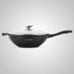 Royalty Line Marble Coating Wokpan - Met Glazen Deksel - Zwart - 32 Cm
