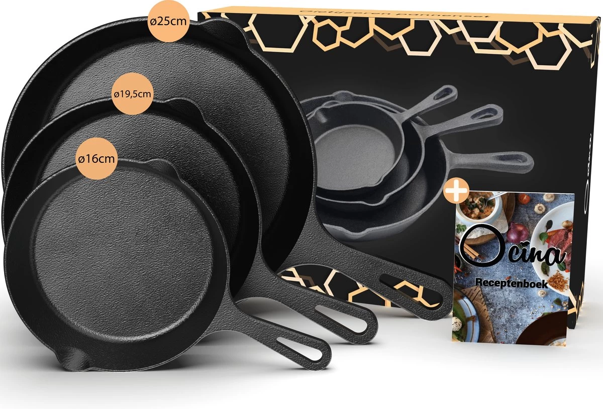 Ocina Gietijzeren Pan – Set Van 3 Stuks – ø25cm, ø19.5cm En ø16cm - Skillet - Koekenpan – Hapjespan – Koekenpan Inductie – Koekenpannenset - Gietijzeren Pan Bbq - Gietijzer - Incl. Receptenboek 1 Ocina Gietijzeren Pan – Set Van 3 Stuks – ø25cm, ø19.5cm En ø16cm - Skillet - Koekenpan – Hapjespan – Koekenpan Inductie – Koekenpannenset - Gietijzeren Pan Bbq - Gietijzer - Incl. Receptenboek